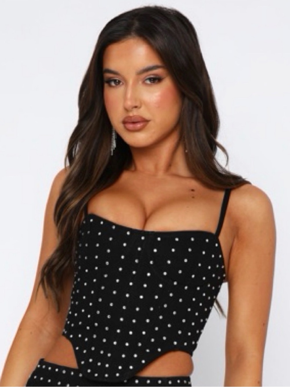 White Fox NWT Black Rhinestone Polka Dot Bustier Crop Top